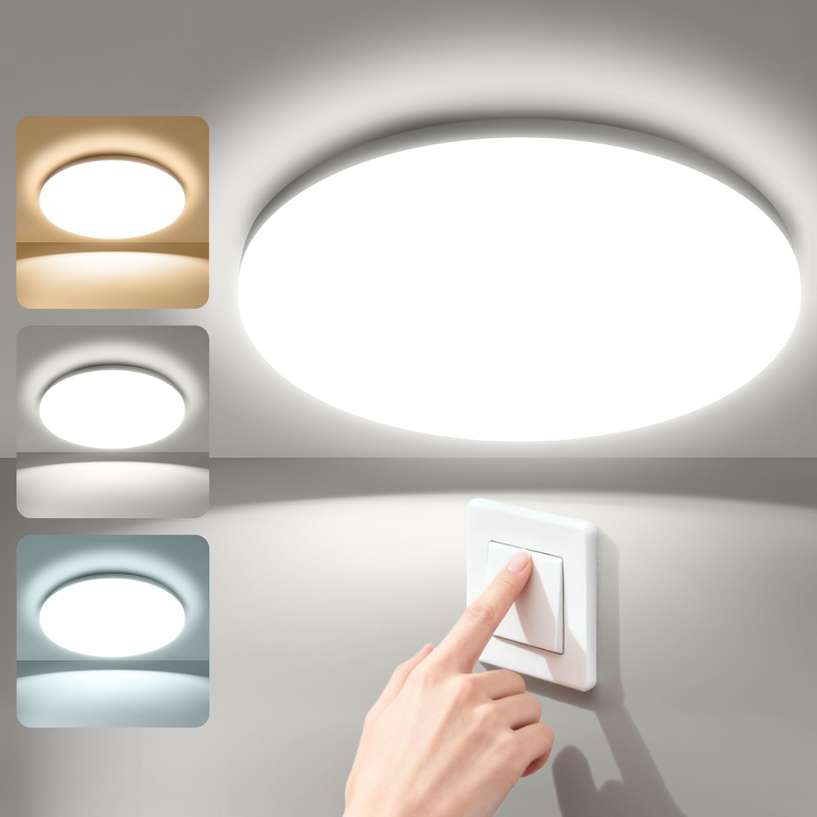 Genatu 3Cct-1 Pcs Ceiling Lights, Bathroom Light Fittings Ceilings, Ø22cm Round, 17W, 3000Lm, 3000K/4000K/6500K By Wall Switch Control, No Flicker & No Delay,Cri>80, Ip65 Waterproof For Kitchen, Hallway, Garage