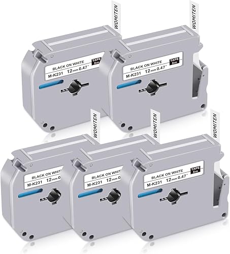 Womiten Paquete de 5 cintas M de 0.47 pulgadas 0.47 M-K231s compatibles con cinta Brother M de 0.472 in 0.47 blanco M-k231 MK-231s, negro sobre