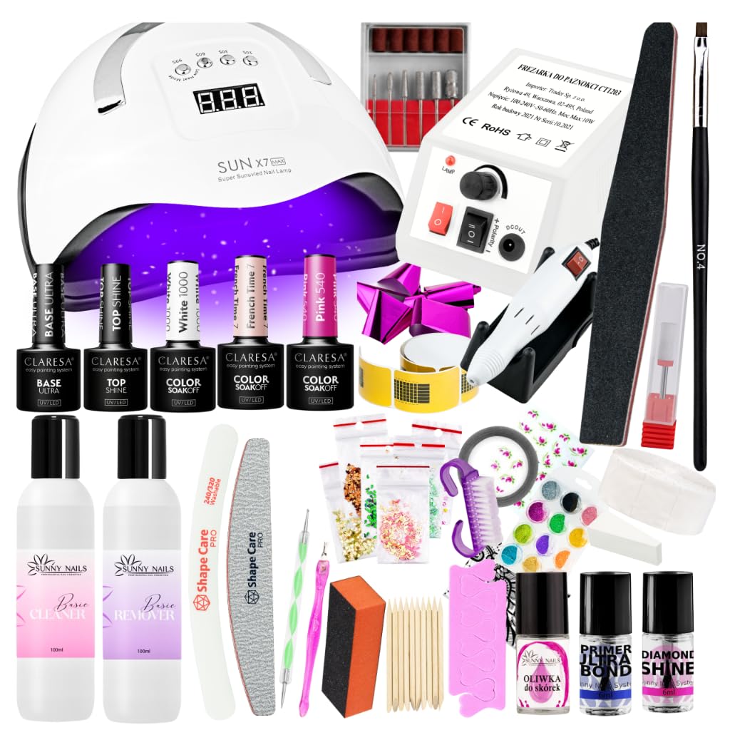 Hybrid Nagelset mit Lampe 180W & Nagelfräser – Claresa Starter Set für Gelnägel & Shellac, UV LED Nagellampe, 3 Farben, Base Top Coat, Maniküre Pediküre Set Komplett