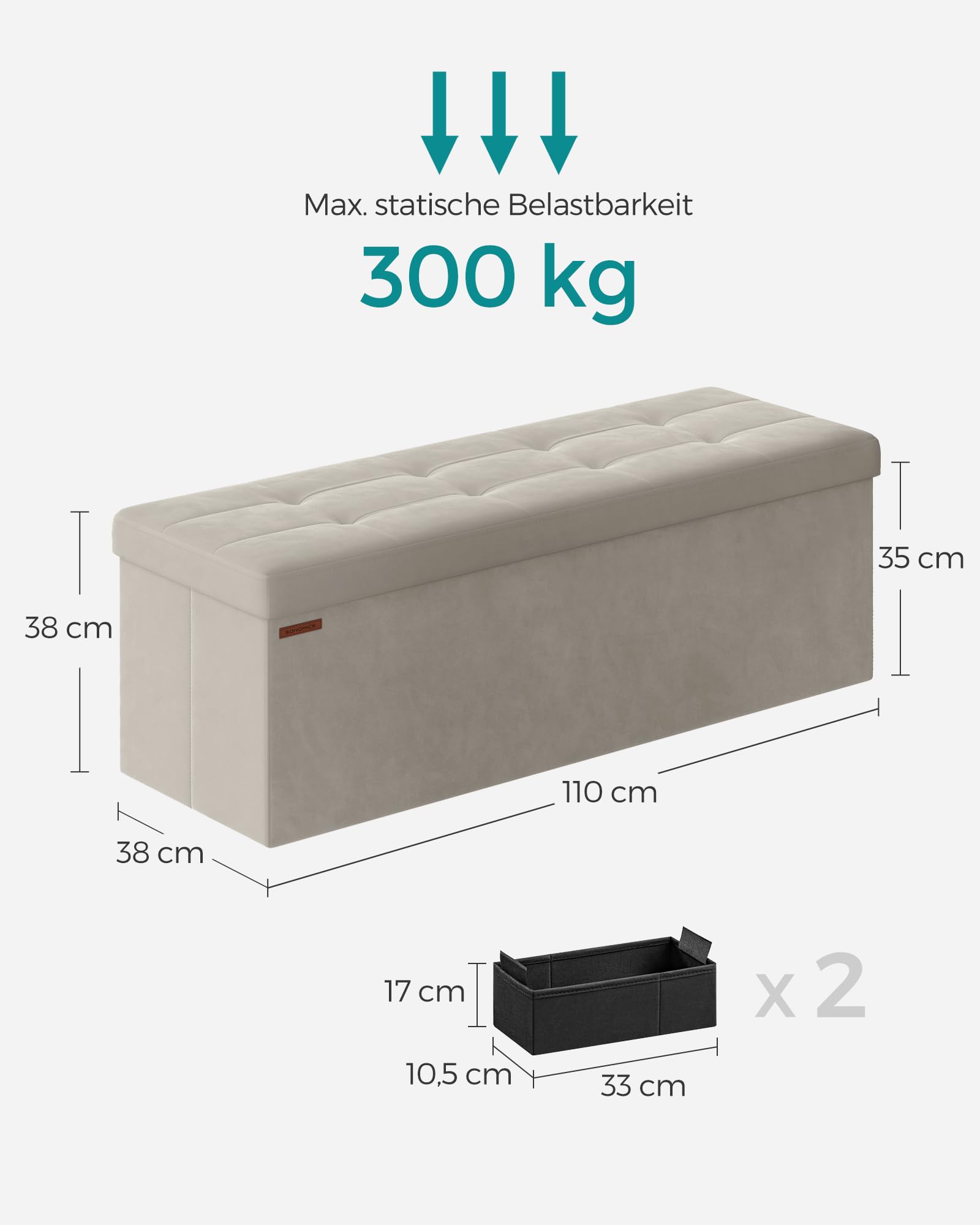SONGMICS Sitzhocker mit Stauraum, klappbare Sitzbank, 38 x 110 x 38 cm Fußbank, Aufbewahrungsbox, bis 300 kg belastbar, für Wohnzimmer Schlafzimmer Flur, cremeweiß LSF277W01