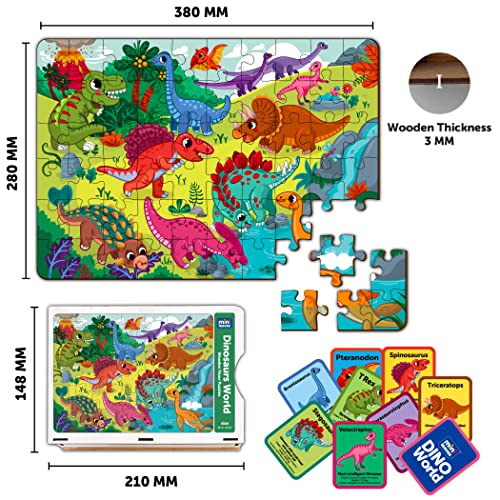 Image of Mini Leaves 60 Piece Wooden Puzzle for Kids 4-6 Years - Dinosaurs World Jigsaw Floor Puzzle With Booster Cards & Box - Safe & Durable Educational Toy