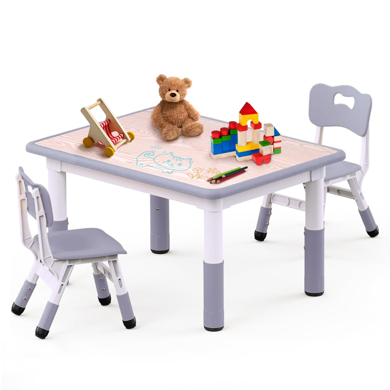 JoyHood Juego de mesa y 2 sillas para niños – Juego de mesa y silla de estudio para niños pequeños, mesa de actividades para hogares/aulas/guarderías, regalos para niños y niñas de 3 a 8 años (gris)