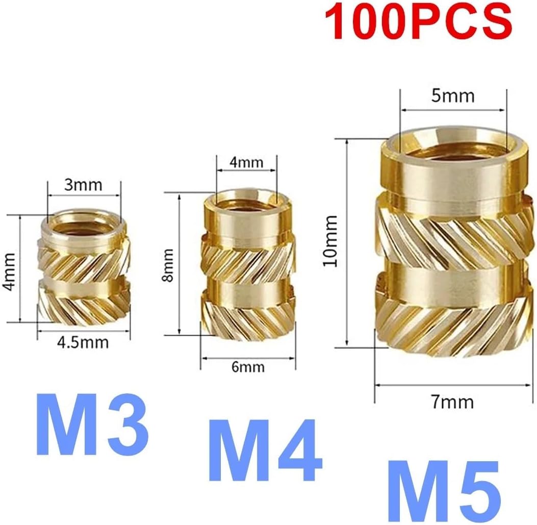 100pcs Nut M3 M4 M5 Thread Knurled Hot Melt Brass Threaded Heat Set Heat Resistant Insert Embedment Nuts for 3D Printer Parts Outstanding(M4)