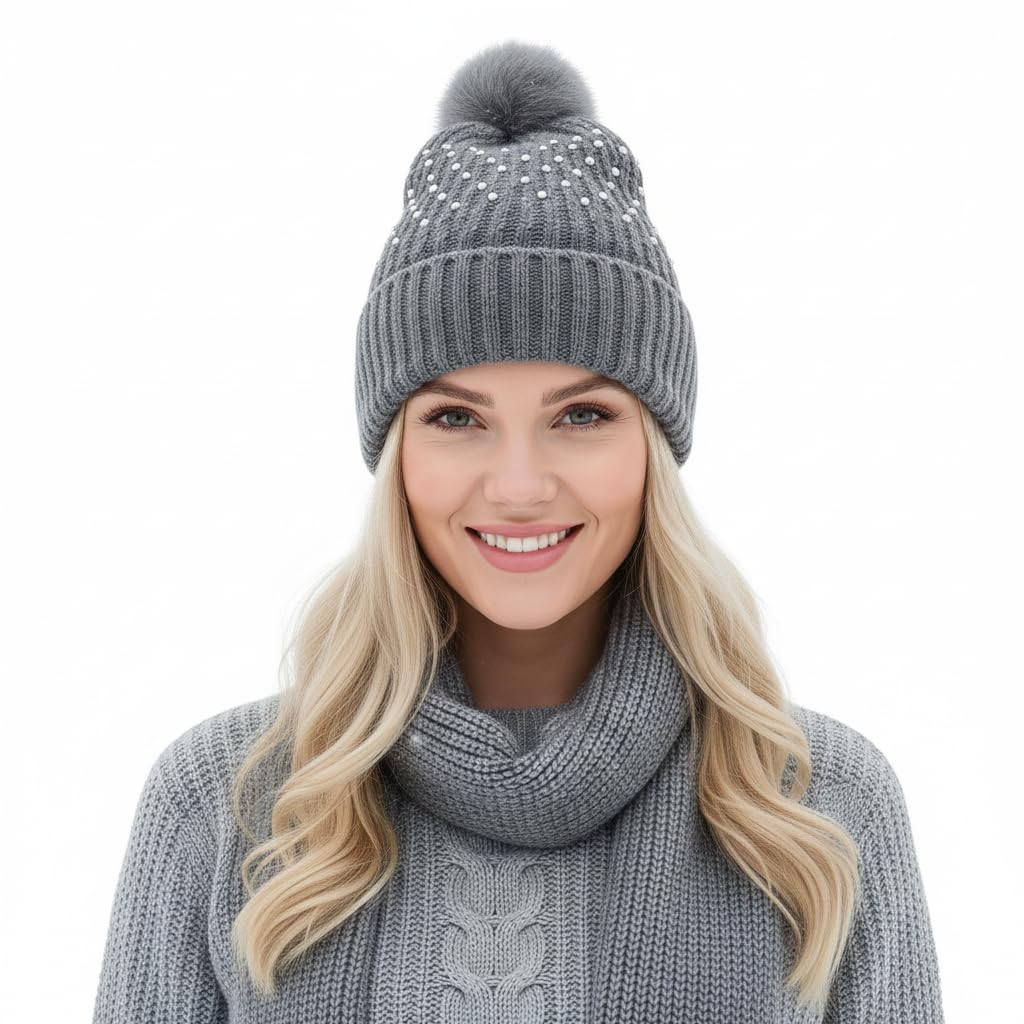 A2z Women's Charcoal Hats Ribbed Pearls Knitted Bobble Beanie Faux Fur Pom Pom - Hat Lh896 One Size
