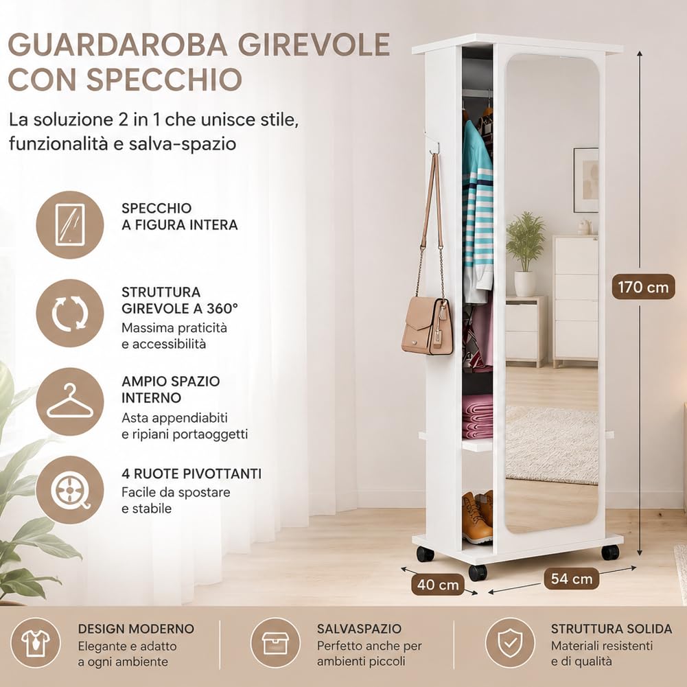 Shally Dogan Guardaroba Girevole con Specchio e 4 Ruote, Armadio Appendiabiti Salvaspazio per Casa, Ufficio, Camera da Letto, Monolocale, Organizer per Vestiti in Legno Robusto Bianco 54 x 40 x 170 cm