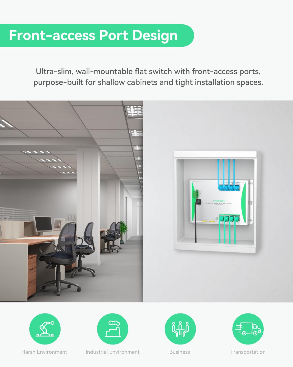 LINOVISION Switch Plano Industrial de 8 Puertos para Montaje en Pared con 4 Puertos PoE