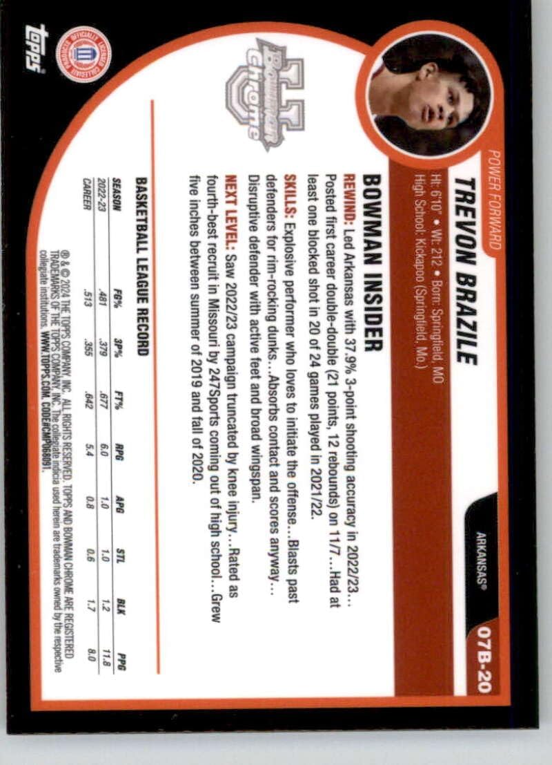 2023-24 Bowman Chrome University 2007-08 Retro #07B-20 Trevon Brazile Arkansas Official NCAA Basketball Card in Raw (NM or Better) Condition