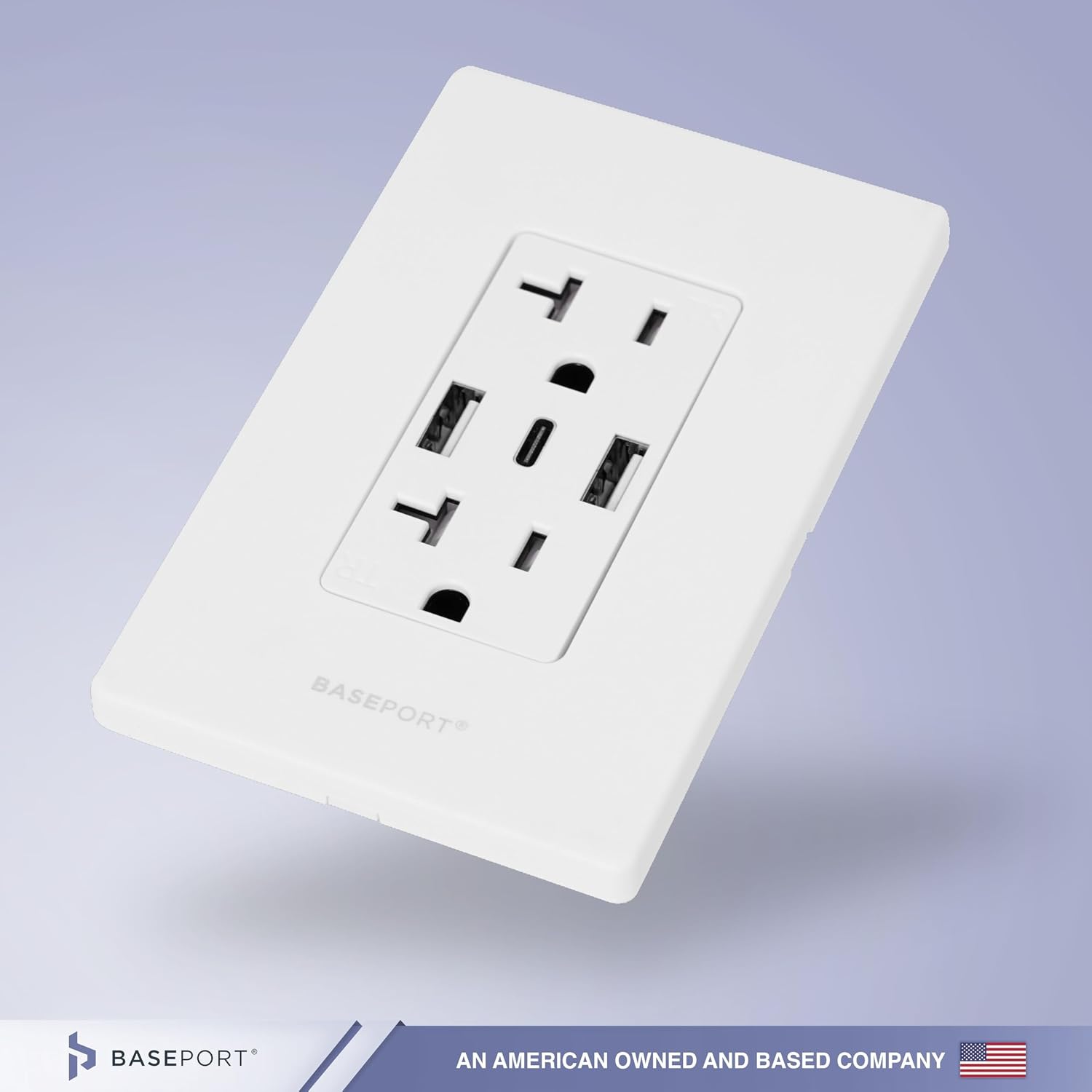 BASEPORT Premium Wall Outlet with USB Ports - Duplex 125V 20 Amp Outlet, 5V/6A USB Outlets Receptacles, 2 USB-A, 1 USB-C, Single Gang White Faceplate, 3 Pack