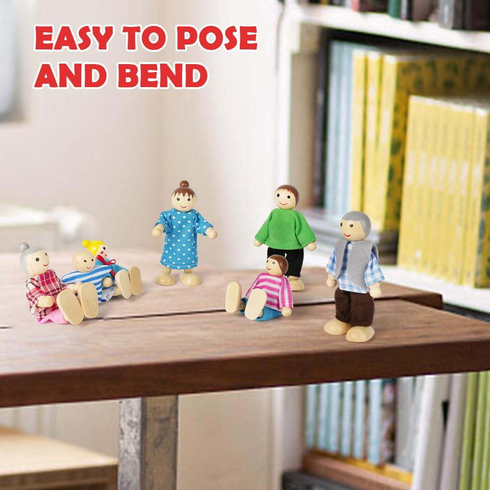 Aolso Set da gioco di 7 persone in legno, set di figure in legno per bambini casa delle bambole finto regalo, ragazze in panino, set di famiglia per accessori per casa delle bambole giocattolo per
