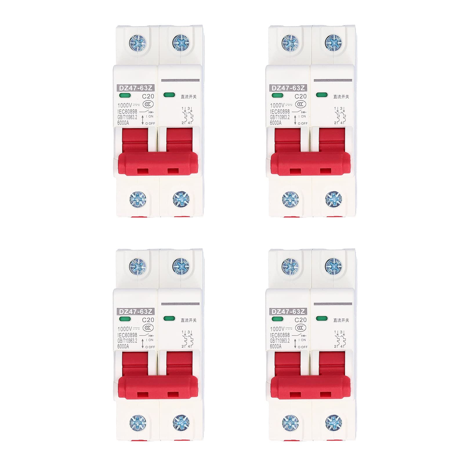 4 Pièces Disjoncteur Miniature 1000V DC 2P 20A Din Rail Mount Protection Contre Les Surcharges à Domicile Interrupteur D'air pour Lignes de Distribution D'éclairage Résidentiel Système PV Solaire