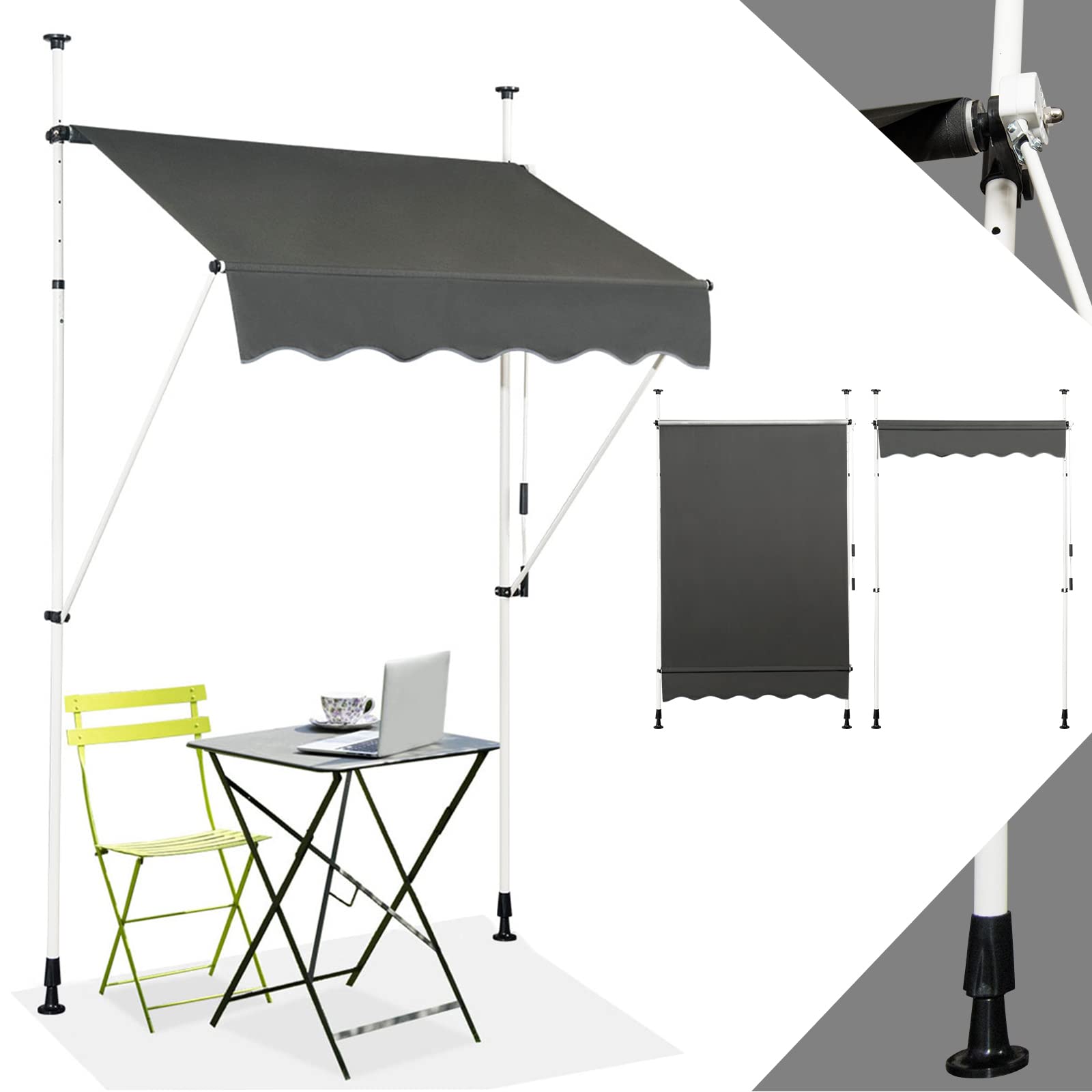 RELAX4LIFE Toldo Retráctil Ajustable en Altura y Anchura con Manivel de Mano, Toldo Rectangular con Diseño Enrrollable para Jardín, Terraza y Balcón, Montaje sin Taladrar (150 x 175 cm, Gris)