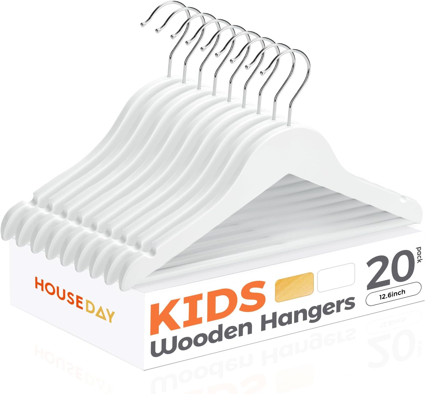HOUSE DAY Kids Wooden Hangers 20 Pack, Wood Baby Hangers for Baby Clothes, Childrens Coat Hanger with Non Slip Pant Bar, 360° Swivel Hook, White