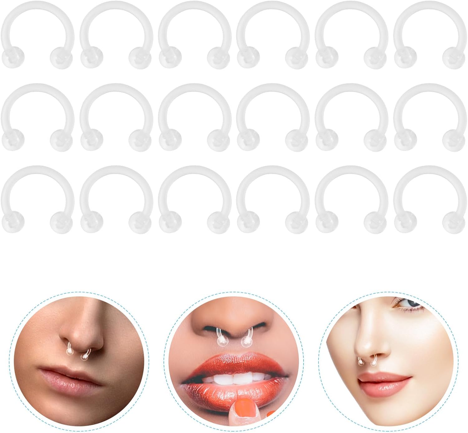 18pcs Acrylic Nose Rings and Lip Studs Transparent Piercing Jewelry Skin-friendly Lightweight Nose and Lip Accessories for Women