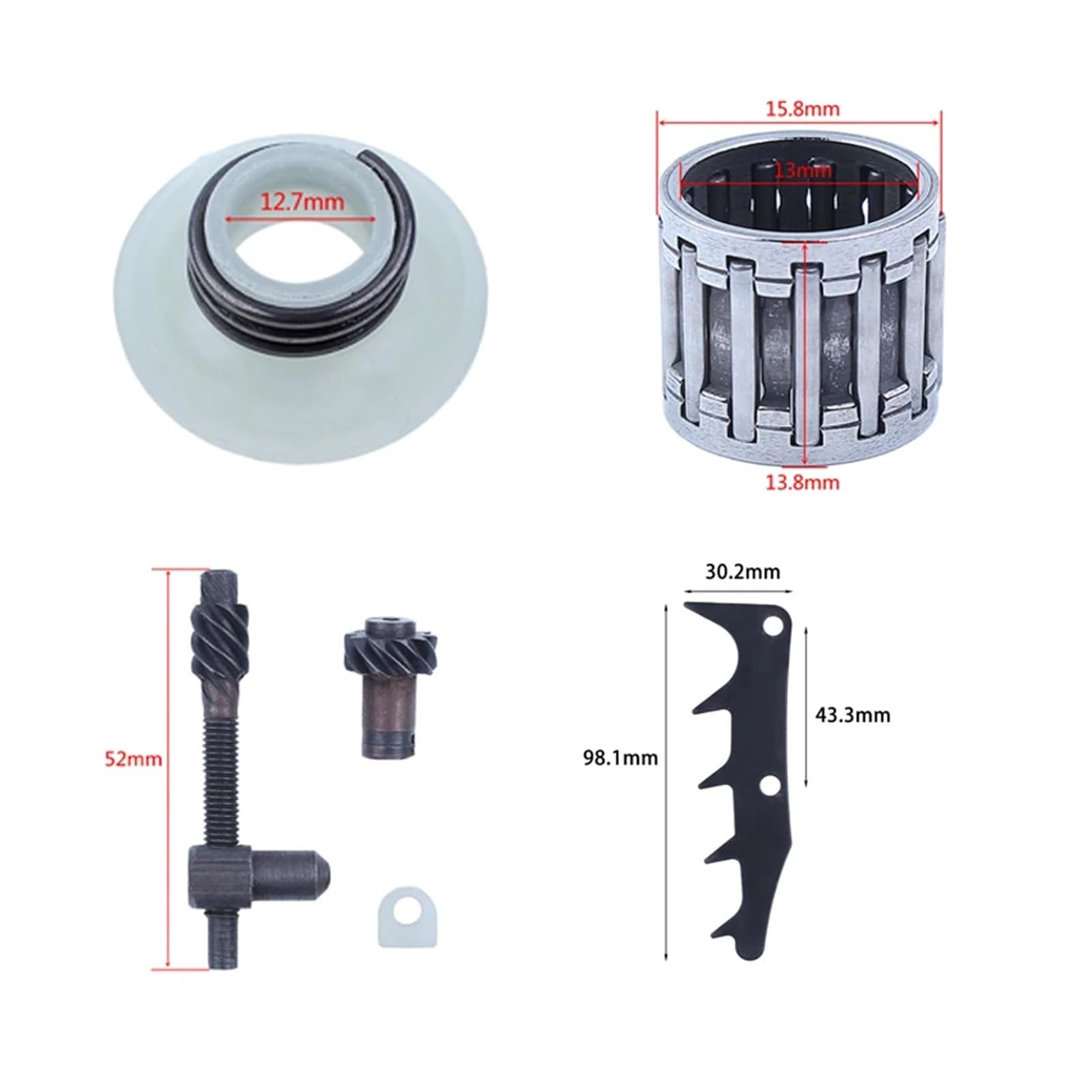Kit de embrague de tambor for motosierra 325 7T, piezas de repuesto con bomba de aceite, engranaje helicoidal, cojinete de agujas, punta de refuerzo y tensor de cadena.