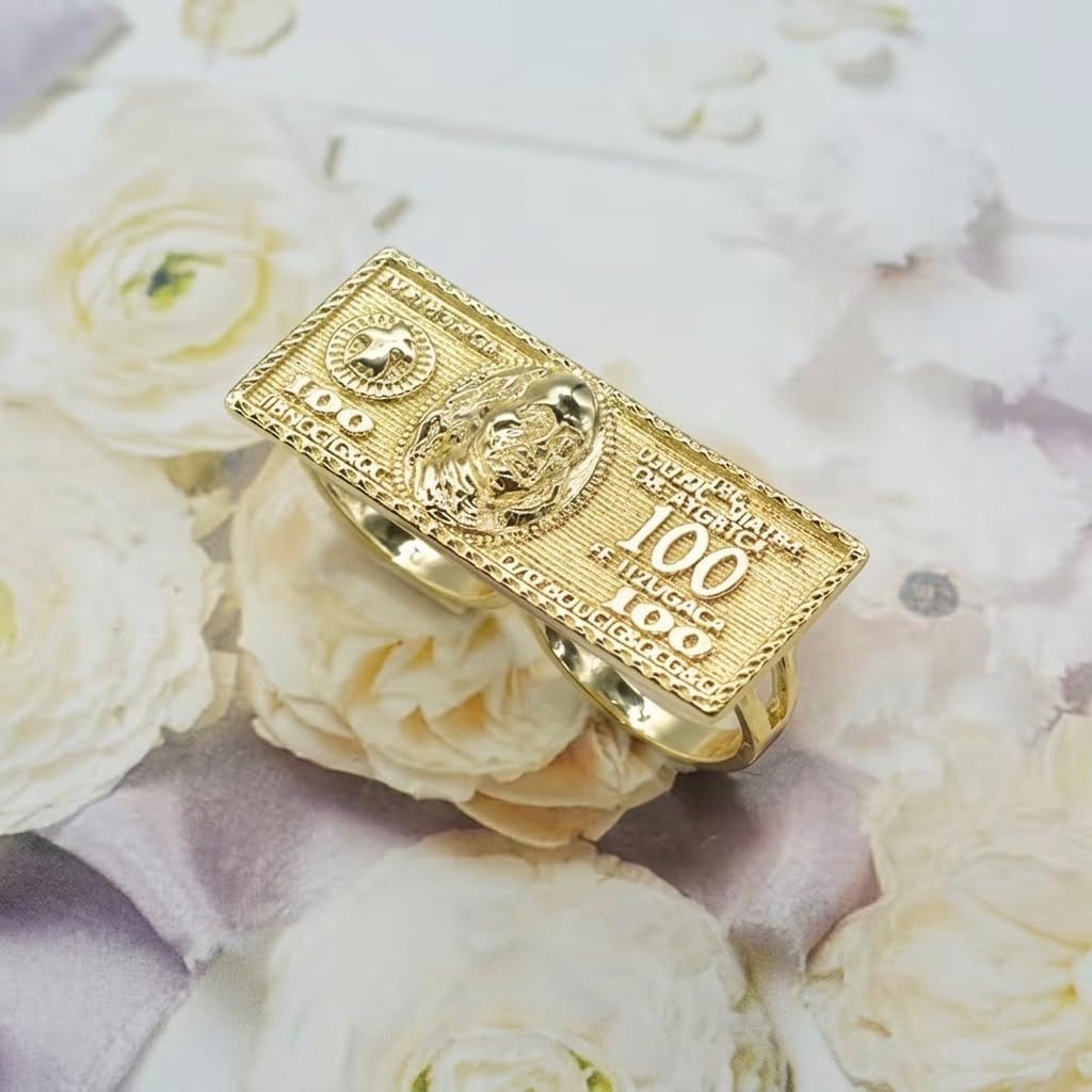 14K Golden Plated Men's Nugget Dollar Sign Ring, Hip Hop Statement Money Two Finger Ring for Men, Bold Textured Nugget Design Pinky Ring, Jewelry Gift for Him