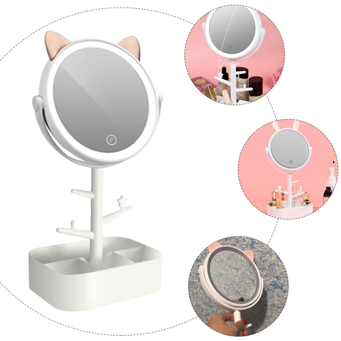 Specchio Trucco con Luci Led, Ricaricabile 500mah, Bianco | Dimming Continuo, Vetro ad Alta Definizione, Vano Integrato, Plastica, per Bagno e Toilette