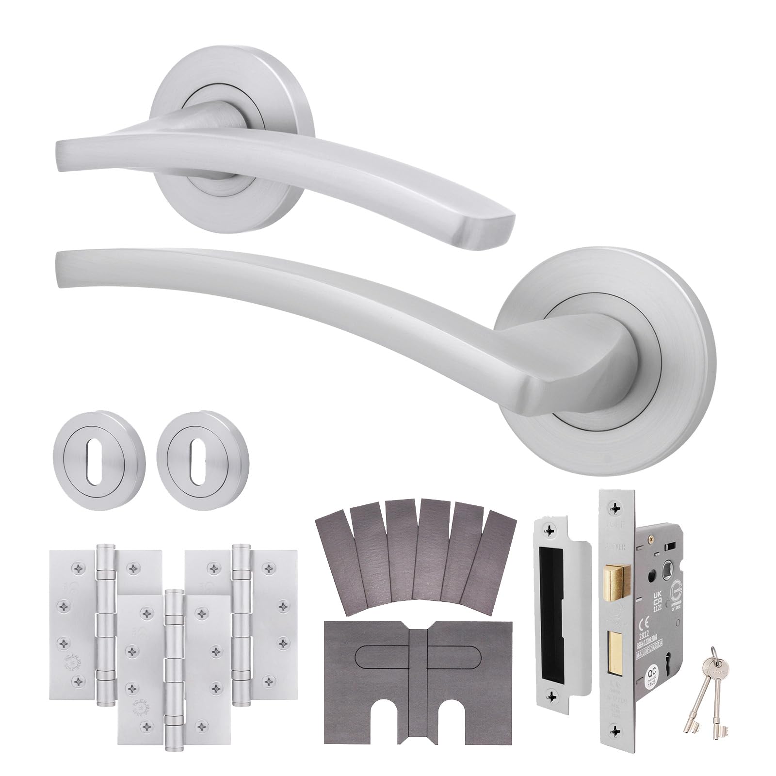 Eai Satin Chrome Satin Fire Door Handle Key Lock Set, Internal Fire Rated Door Handle With 80Mm Lock And 102Mm Hinges - 1 Pack Elson Range