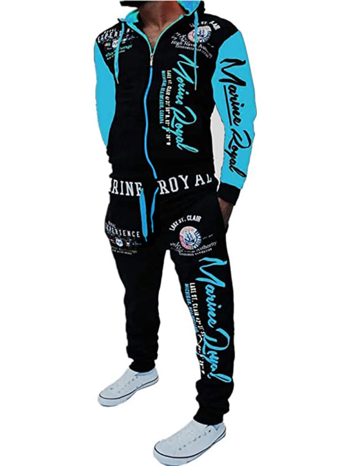 HakjayMen's Hiphop Long Sleeve Full-Zip Sweat Suits Casual Tracksuit Set Acticve Sports Suit for Men