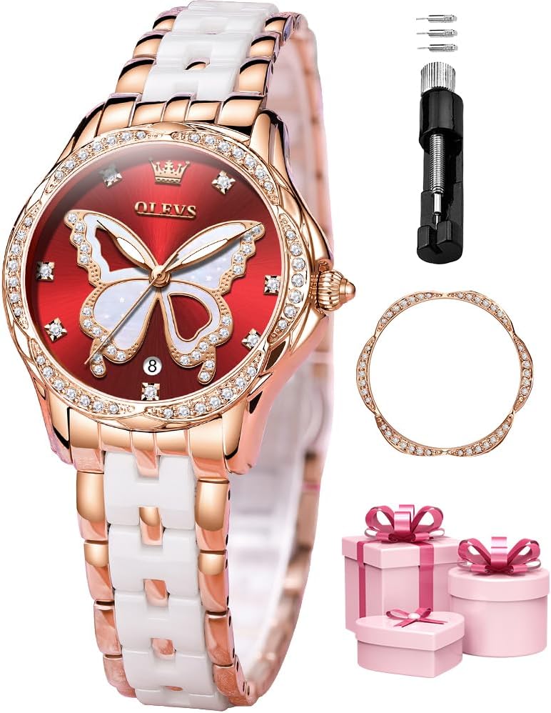 OLEVS Watches for Women Rose Gold Two Tone Fashion White Ceramic Ladies Wrist Watches Pink/Red Dial Stainless Steel Waterproof Date