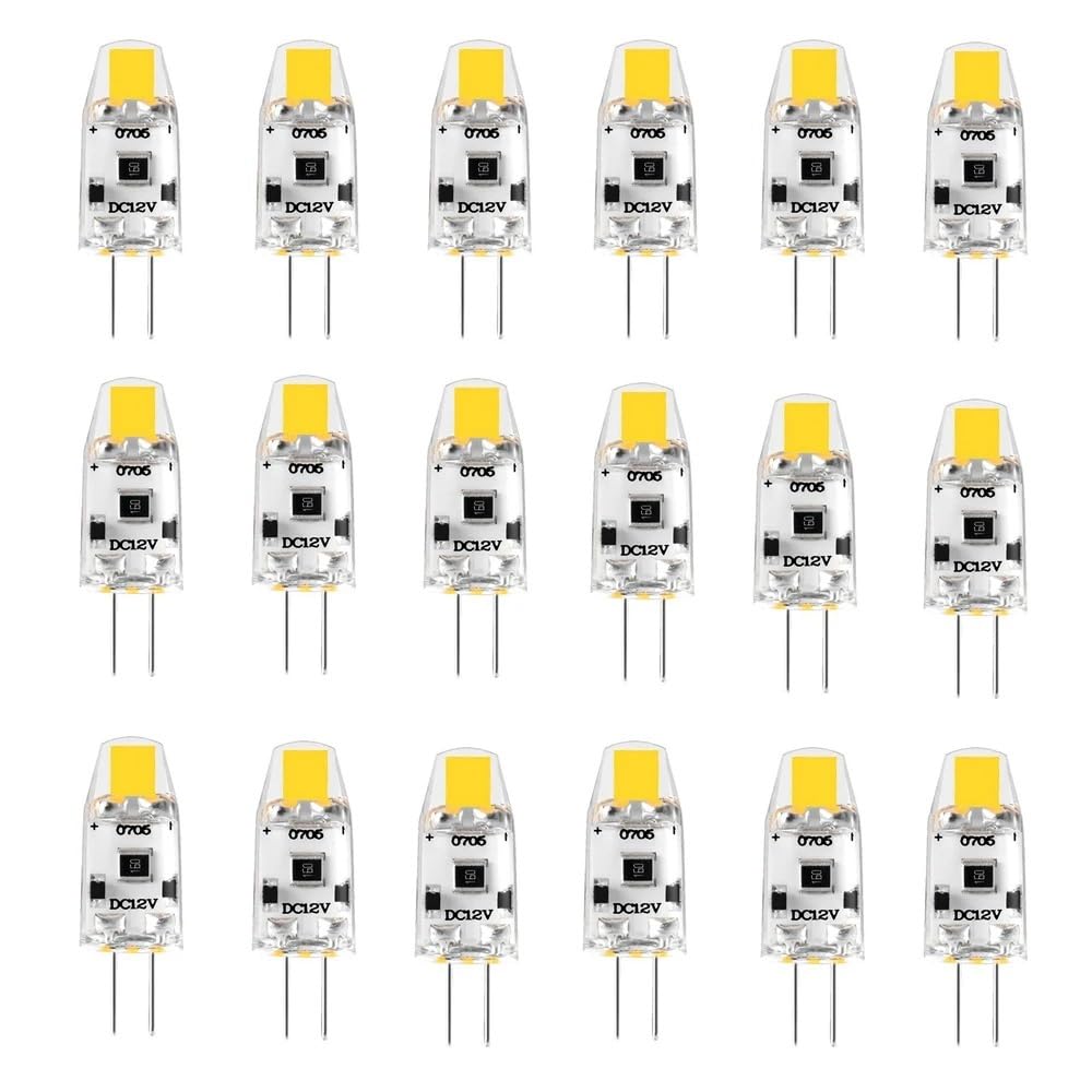 HHF Iluminación del hogar, Paquete de 20 minibombillas LED COB de 12 V CC, G4, 1,5 W, ángulo de haz de 360 ​​grados, de silicona y cristal(Cold White)