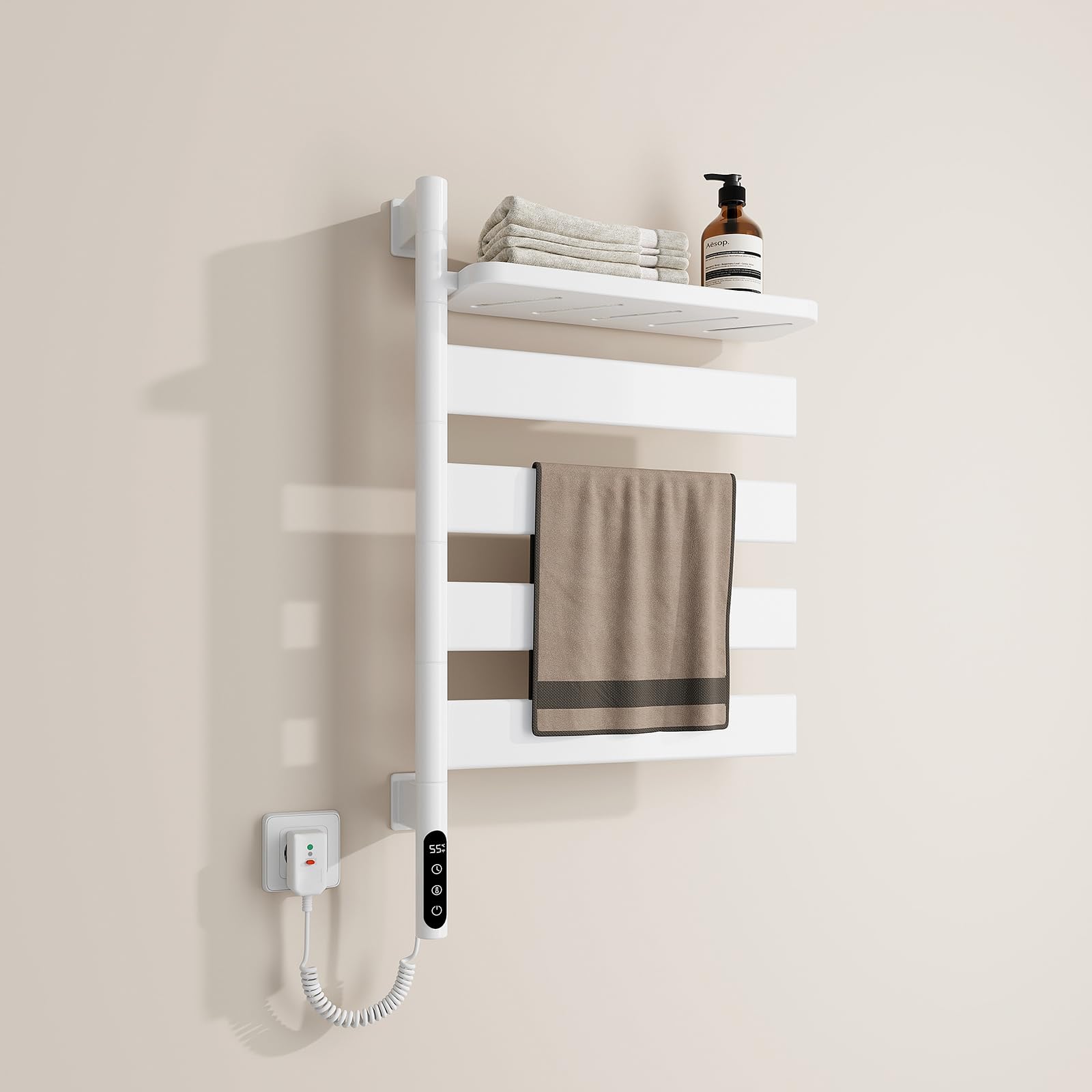 EMKE Sèche-Serviettes Électrique de pivotant à 180°,Blanc | Porte-Serviettes Chauffant électrique avec étagère, Séchoir à Serviettes électrique Intelligent WiFi, 120W