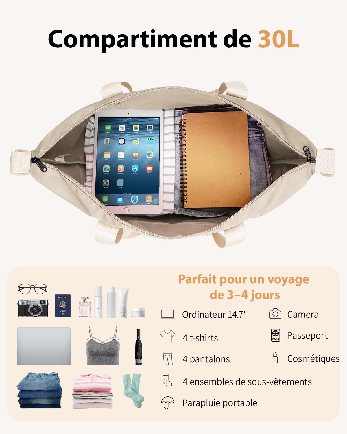ECOHUB Bagage Cabine Pliable 30L, 45x36x20 Easyjet, à Main avec Poche Humide Amovible, Sac de Voyage Weekend pour Femmes Hommes, d'Hôpital, Brevet en Cours (Beige)