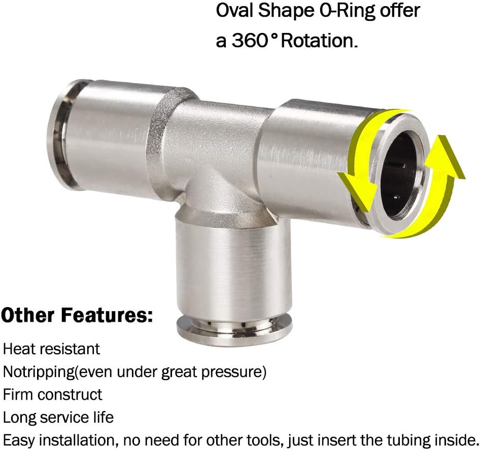 Beduan Push to Connect Tube Fitting Union Tee, Copper Nickle-Plated 3/8" Tube OD 3 Way Tee Shaped Union Adapter Fitting (Pack of 5)