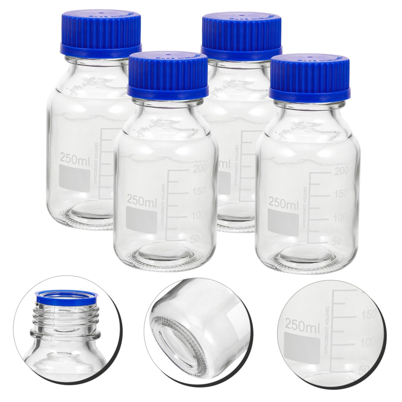 PRETYZOOM Botella de Reactivo Graduada 250ml Vidrio Azul, 4 Piezas | Tapas de Rosca Incluidas, Uso en Laboratorios E Instituto Químico, Formato Vacío