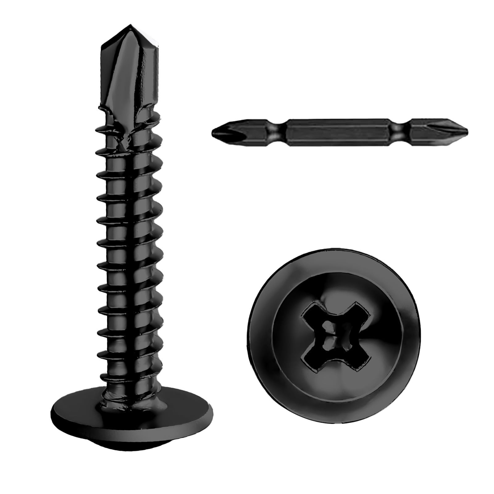 SHUNCHG 50 Pcs M4.8x38mm Wafer Head Self Drilling Screws, 410 Stainless Steel Modified Truss Head Self Tapping Black Oxide Tek Screws for Sheet Metal, Aluminum, Wood with Screwdriver Bit