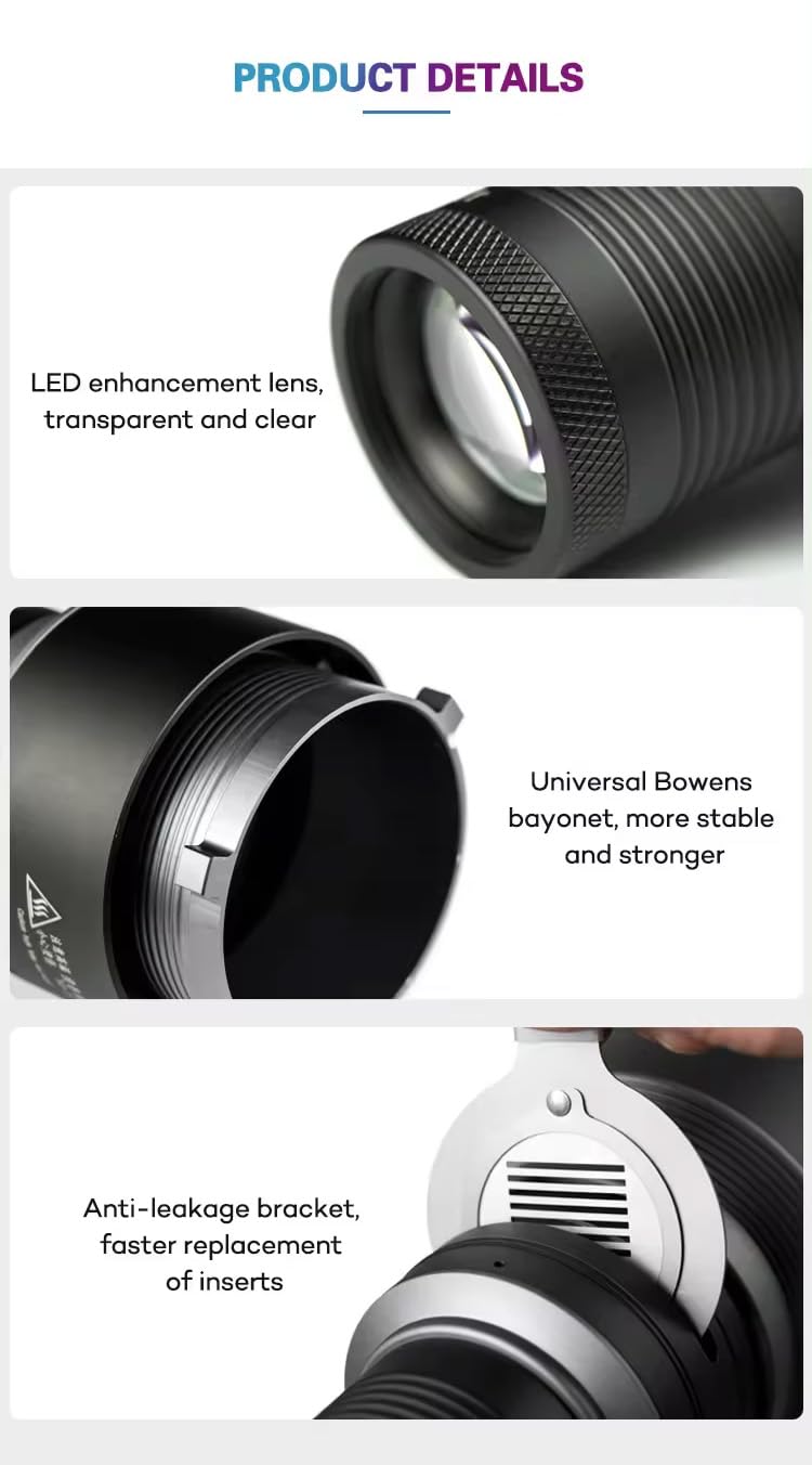 Bowens Mount Spotlight, konisches optisches Snoot-Set, Fotostudio-Beleuchtung, Projektor-Zubehör mit 20 Gobos und 5 Farbfiltern für Aputure Amaran 100DS/XS 200XS/DS 300C/DII/X 60D/XS Godox SL60 AD600