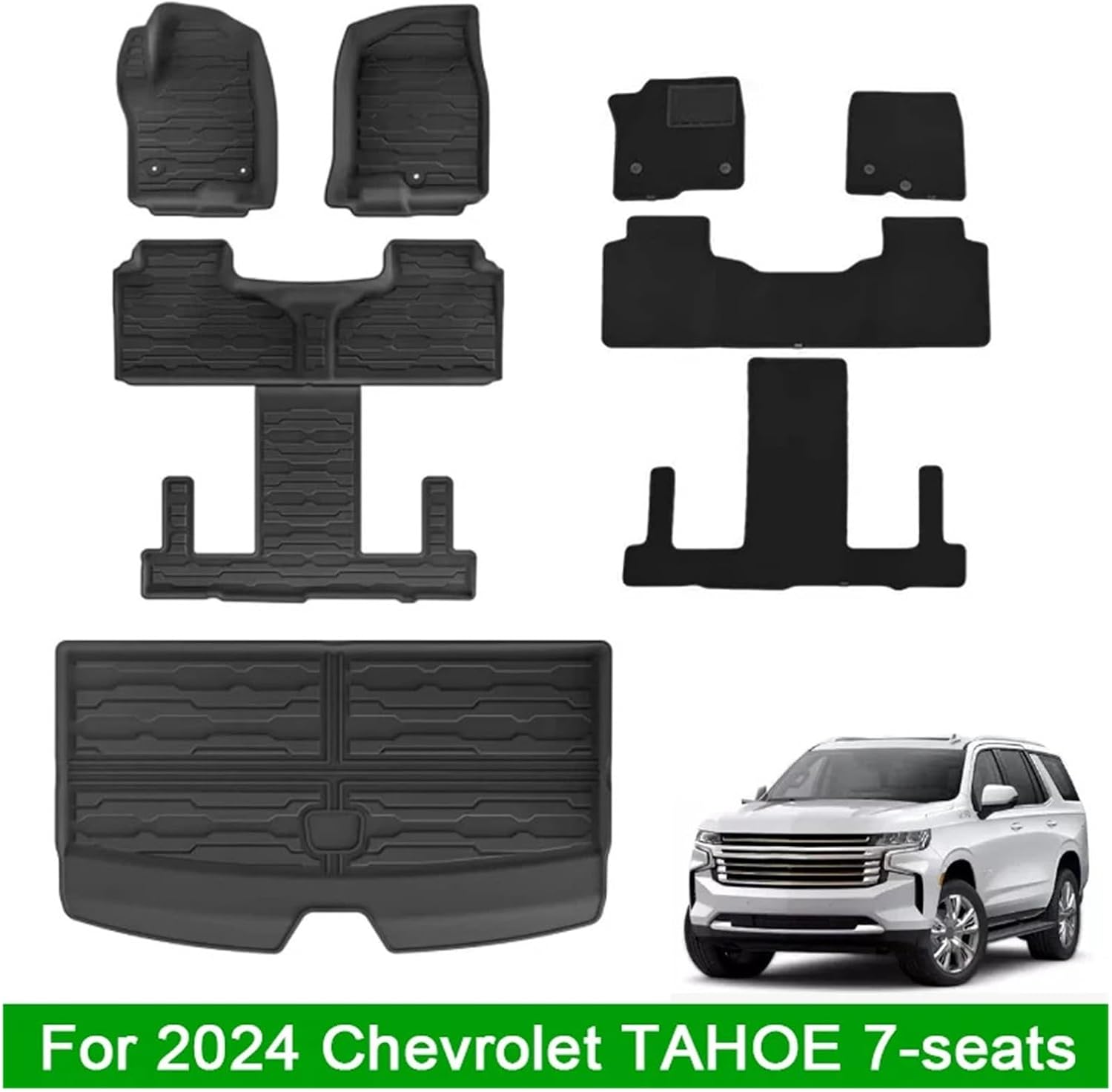Compatible with Chevrolet Tahoe 7 Seats 2024 Car Floor Mats Left Hand Drive Cargo Liner TPE 3D Foot Mat Black Trunk Pad(Single Layer)