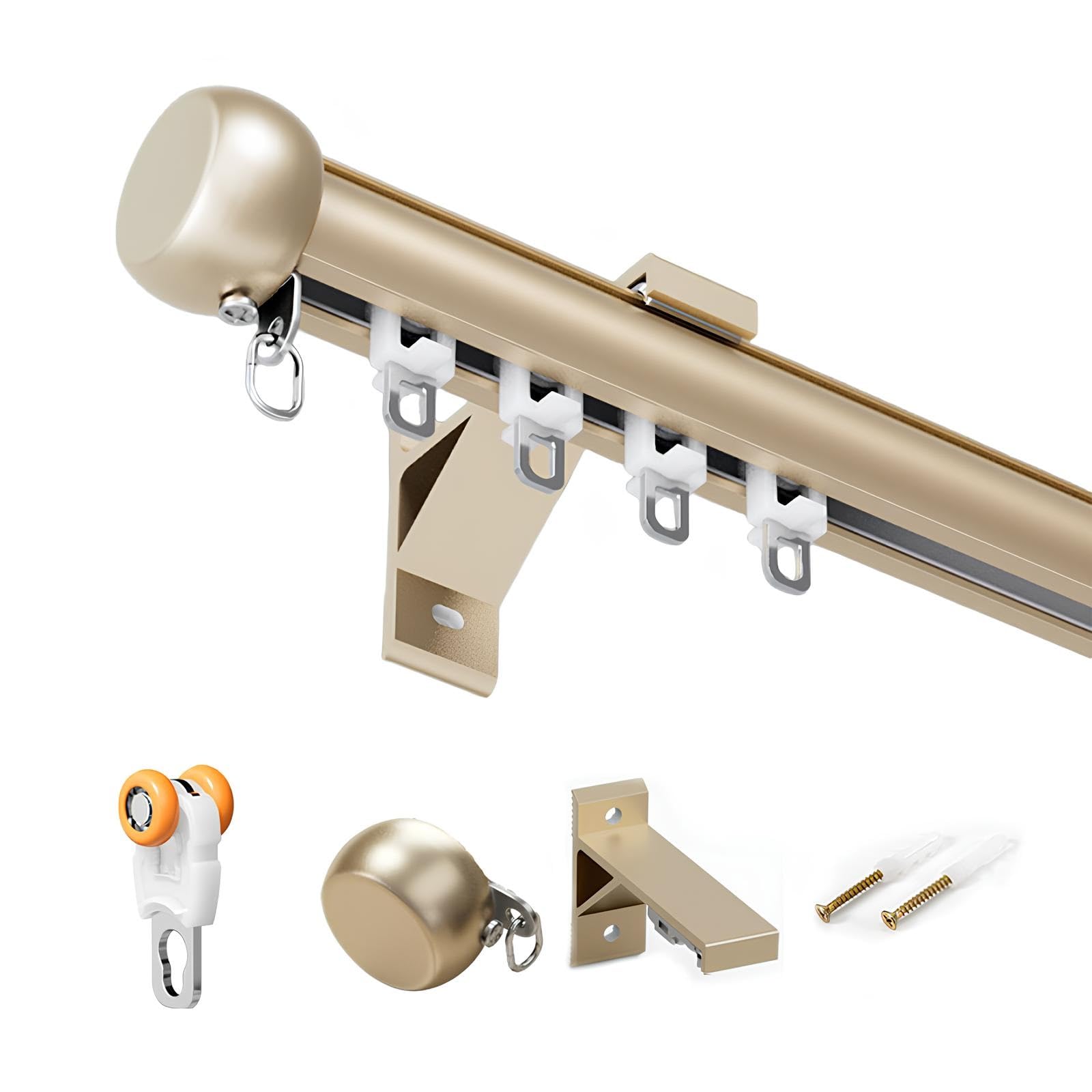 Xuqqu Gold Heavy Duty Aluminum Curtain Track System, Wall Mounted Spliced Curtain Rods For Windows, Single Curtain Rail Pole With Silent Gliding Wheels & Decorative End Caps(,140Cm/4.59Ft)