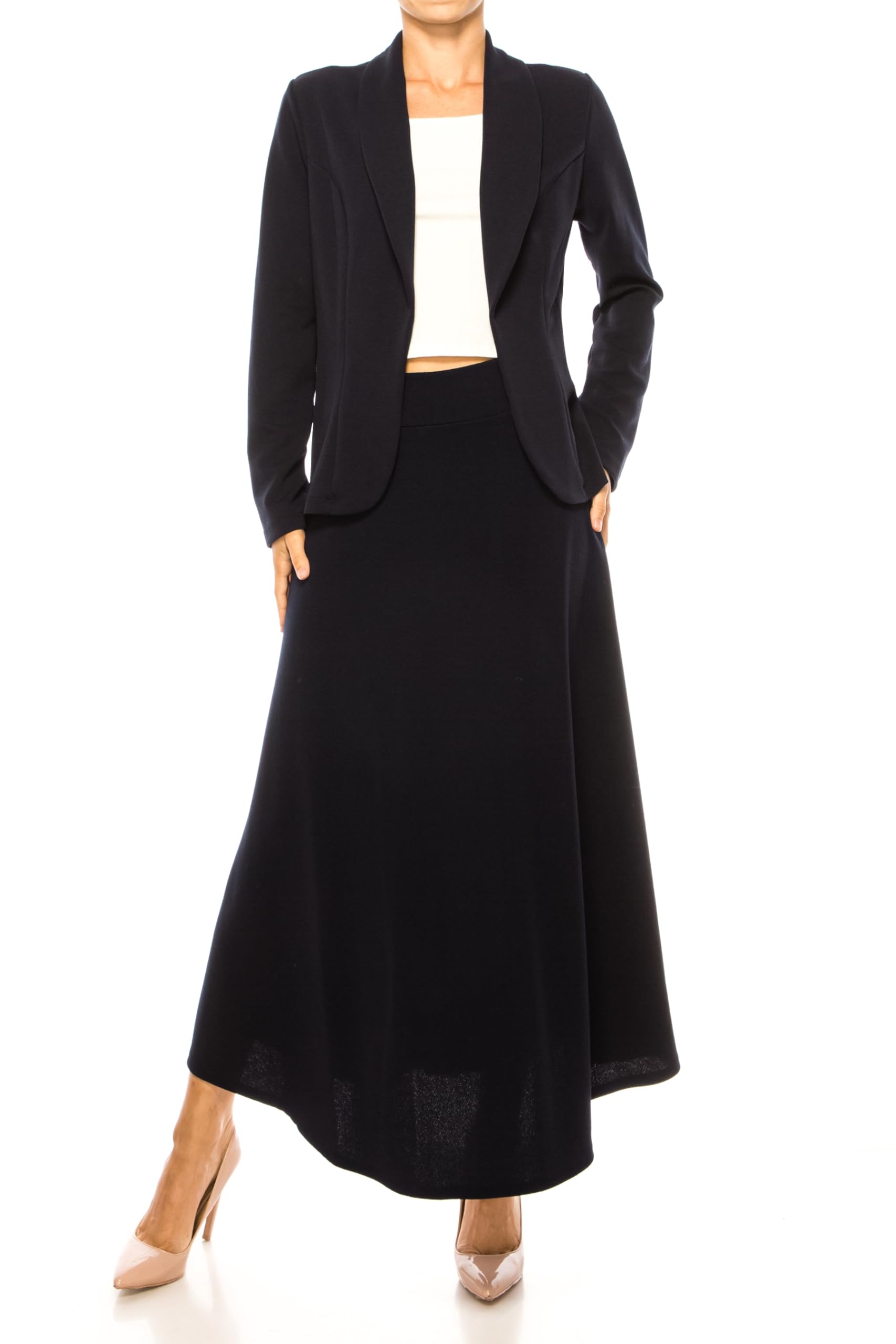 2-Piece Solid Set Open Front Blazer and Matching Long Skirt Navy 3XL