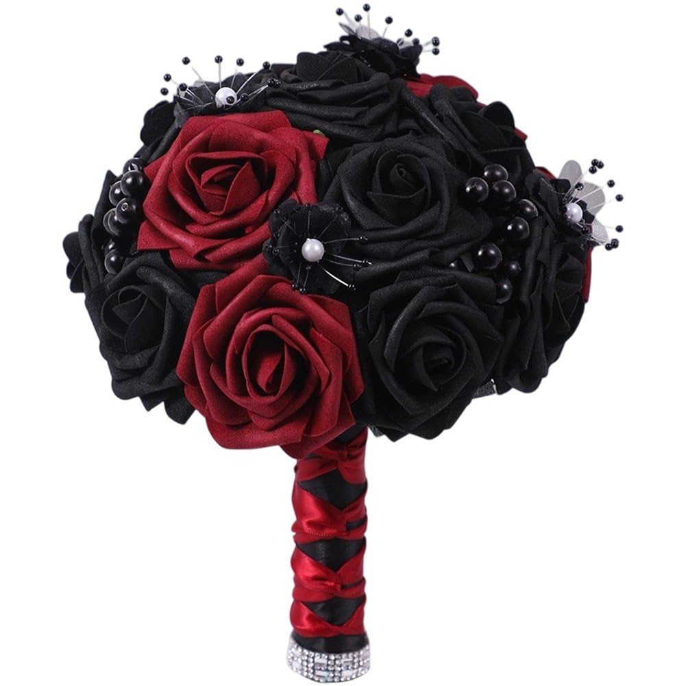 Baokuan Wedding Bride Bouquet, Gothic Artificial Black Rose Flowers Bouquet, Diy Fake Bouquets for Bridal Bridesmaid Wedding Engagement