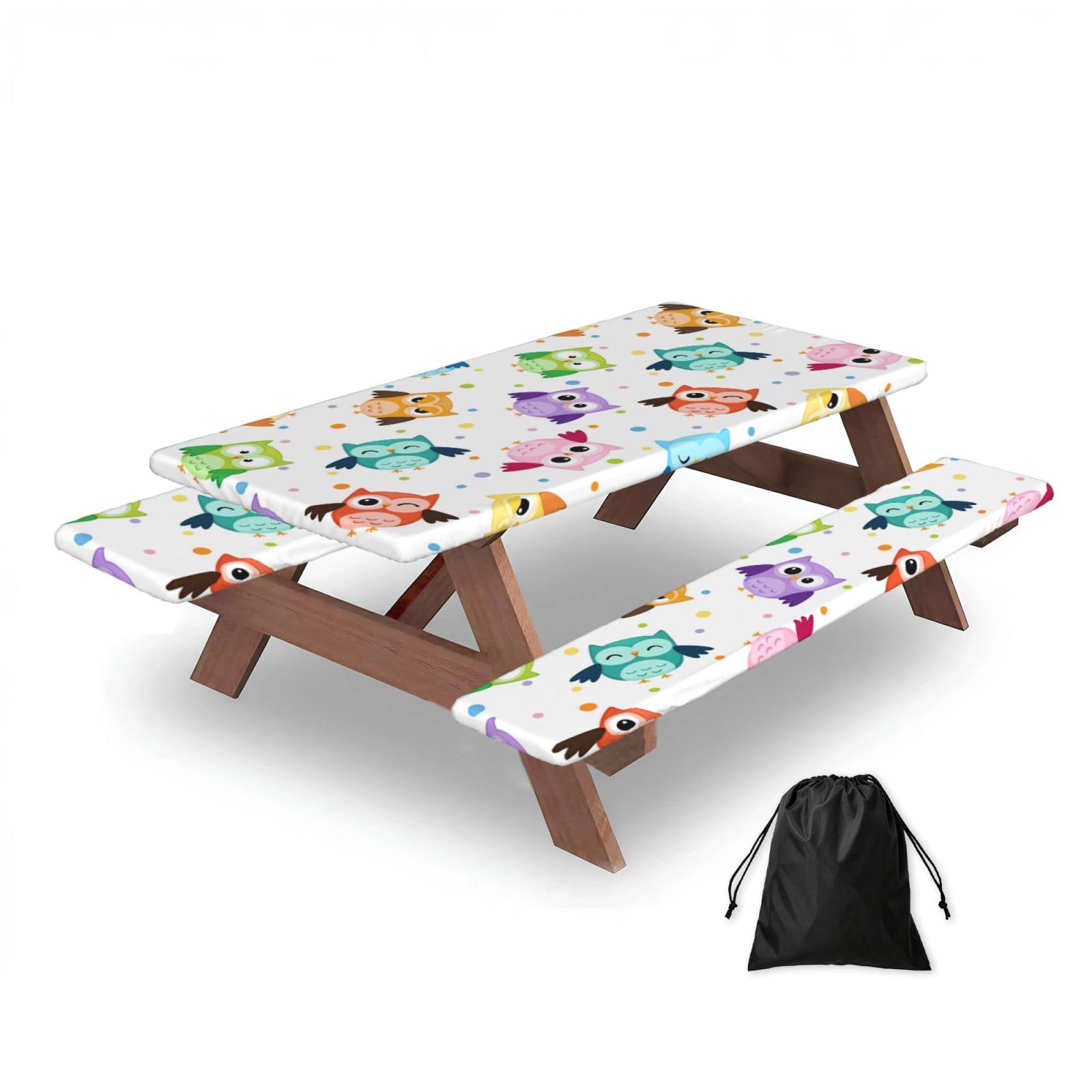 Dopklna As Picture Cute Animal Owl Print Pattern, Picnic Table Cover With Bench Covers -Waterproof Elastic Fitted Tablecloth For Garden Camping Patio 76X152cm