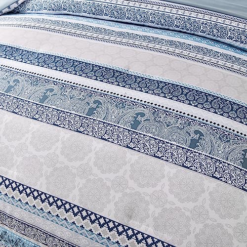 Image of Cottolester Boho Comforter Set Full Size Light Blue Comforter Set 8 Piece Bed in a Bag Striped Paisley Bedding Sets