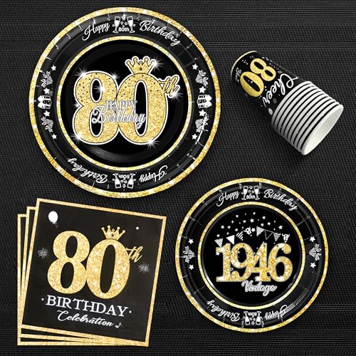 Image of 80th Birthday Decorations Black and Gold, Service for 30, Vintage 80th Birthday Party Supplies Includes Black Vintage 1946 Plates, Napkins, Cups, Plates and Napkins for Men Women