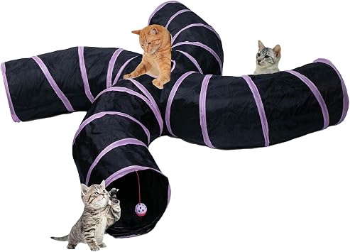 EGETOTA Cat Tunnel for Indoor Cats Large, with Play Ball S-Shape 4 Way Collapsible Interactive Peek Hole Pet Tube Toys, Puppy, Kitty, Kitten, Rabbit S4 - Black & Pink