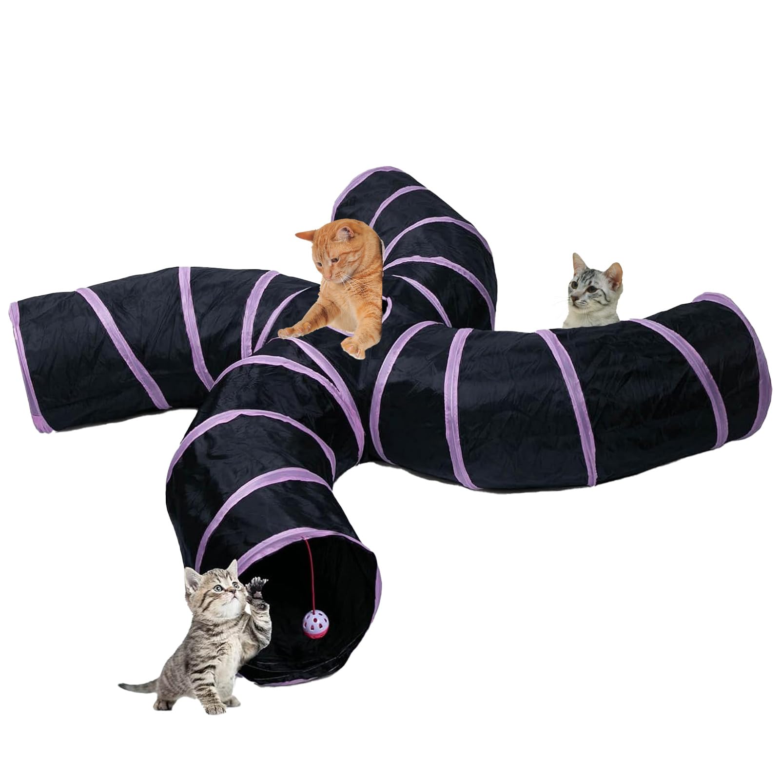 EGETOTA Cat Tunnel for Indoor Cats Large, with Play Ball S-Shape 4 Way Collapsible Interactive Peek Hole Pet Tube Toys, Puppy, Kitty, Kitten, Rabbit (S4 - Black & Pink)