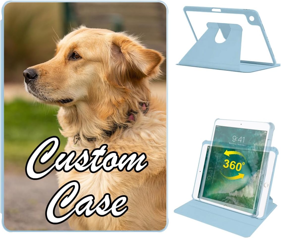 Custom 360 Rotating Case for Apple iPad Air 5th/4th Generation (2022/2020 10.9 in) with Pencil Holder,Personalized Photo Name Logo Rotation Protective Stand Cover Clear Back Auto Wake/Sleep (Black)