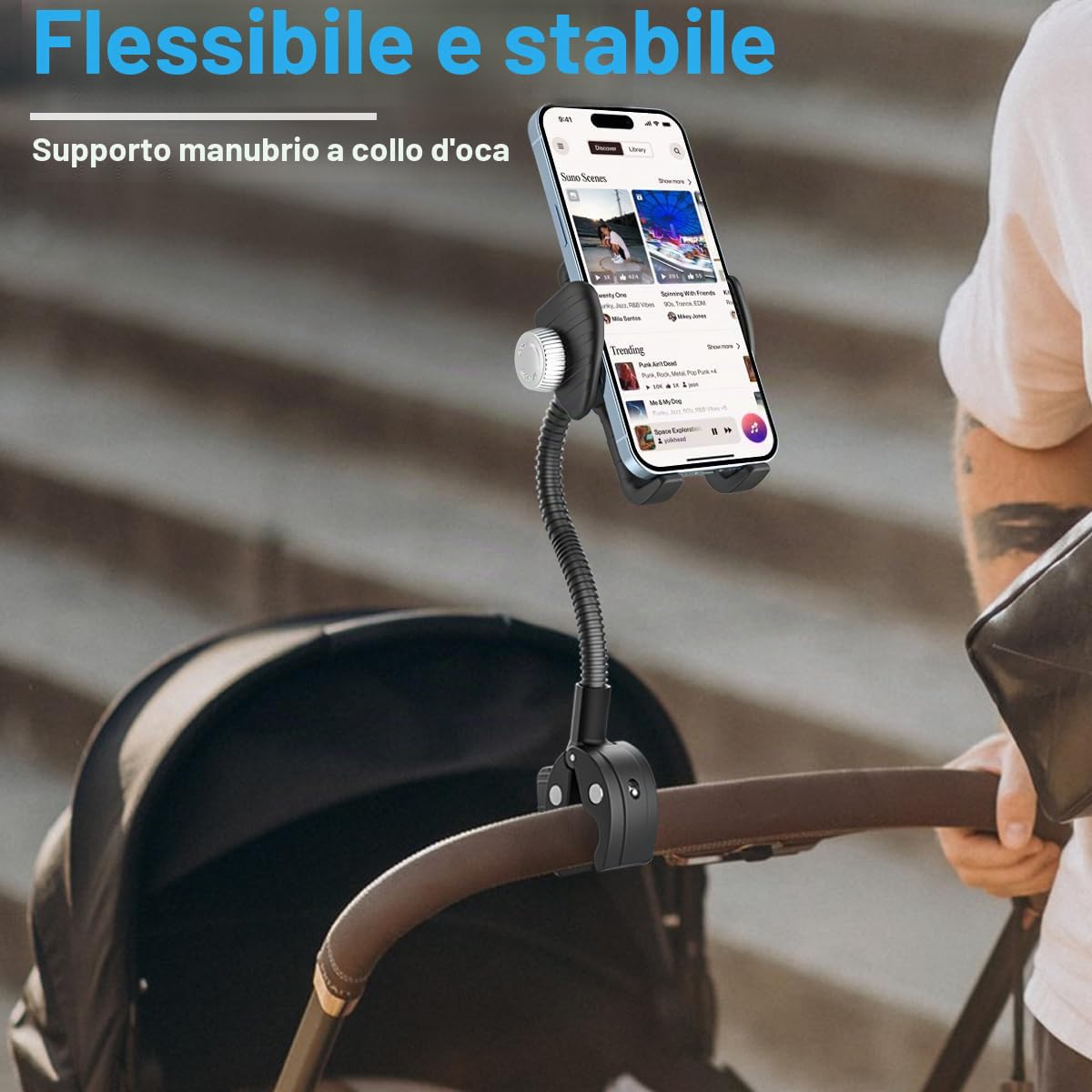 Supporto Cellulare per Passeggino/Bici/Sedia a Rotelle/Barca/Carrello Portaspesa, Flessibile Porta Telefono Manubrio Asta Barra Tubo per iPhone 16 15 Pro Max, Galaxy S24, Phone da 4-7"