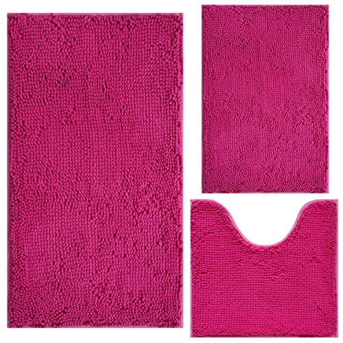 Image of Bathroom Rugs Chenille 3-Piece Extra Soft and Absorbent Shag Bathroom Rugs, Machine Wash Mat, Strong PVC Non-Slip Underside, Plush Carpet Mats (Rose Red)
