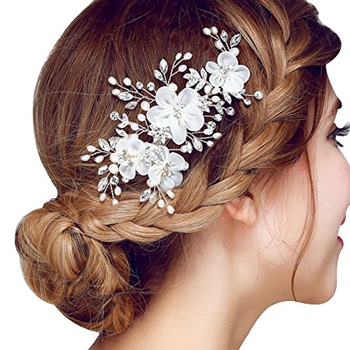Happy Hours - Women Pearl Rhinestone Handmade Hairpins/Floral Shaped Design Barrette Clips for Wedding Prom Bridal Bridesmaid Jewelry Accessories(#1)