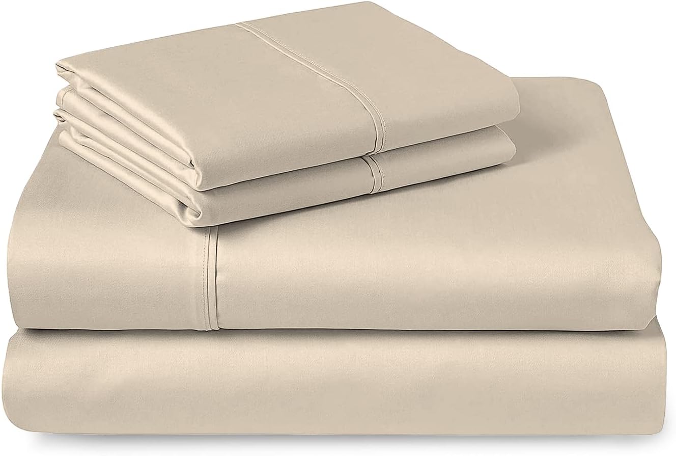 Pizuna400 Thread Count Cotton Queen Size Sheets Set Beige, 100% Long Staple Cotton Sheets Set, Soft Sateen Best Cotton Bed Sheets Deep Pocket fit Upto 15” (100% Cotton Beige Queen Sheet Set)