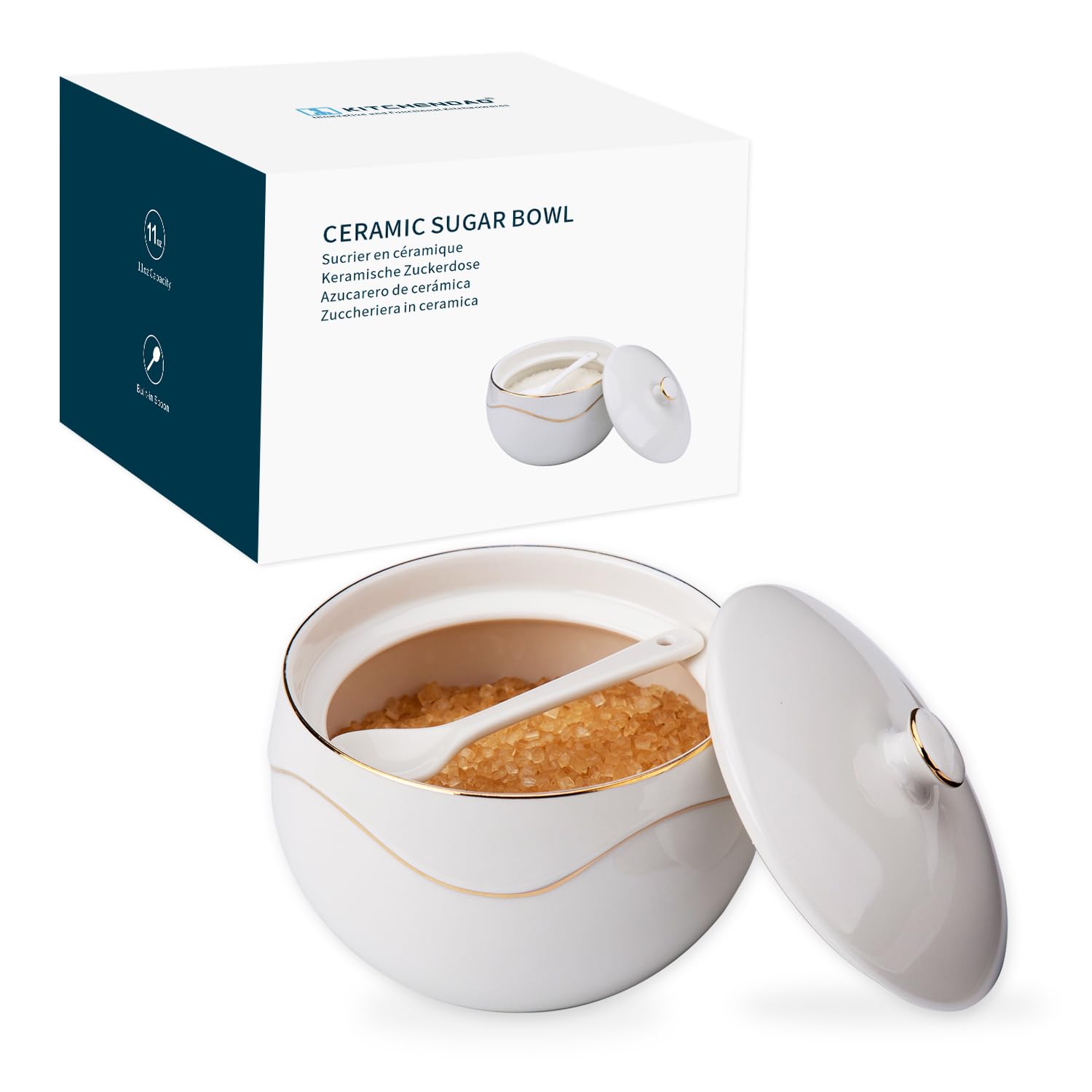 Sucrier En Porcelaine KITCHENDAO 325ml - Avec Couvercle Et Cuillère Intégrée | Lavable Lave-Vaisselle