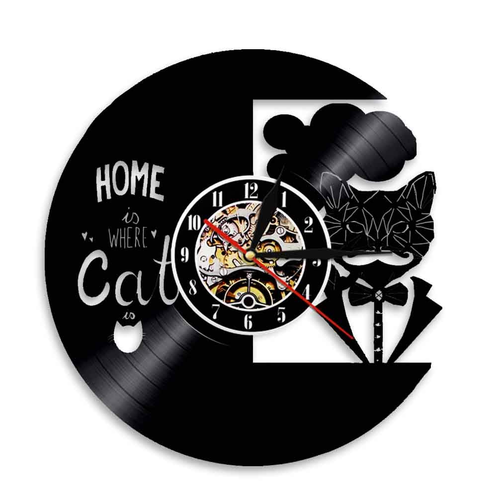 30cm La casa è dove il gatto Orologio da parete con dischi in vinile Orologio con gatto nero Animali Orologio vintage Regalo di inaugurazione della casa per amante dei gatti con 7 colori Cambia rega