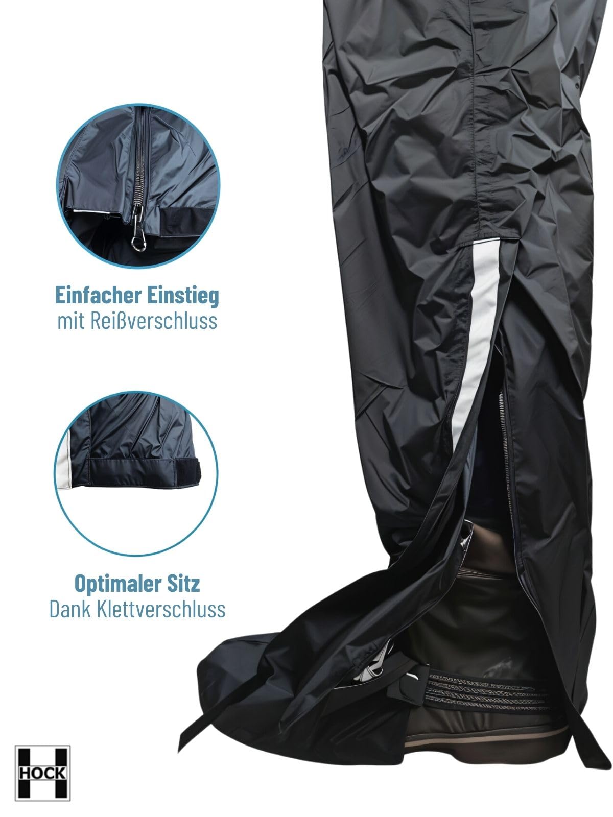 HOCK Unisex Regenhose Fahrrad inkl. ausfaltbarem Schuhschutz - Hochwertige Regenbekleidung mit Reflektor-Streifen - 100% wasserdichte Hose für Herren und Damen
