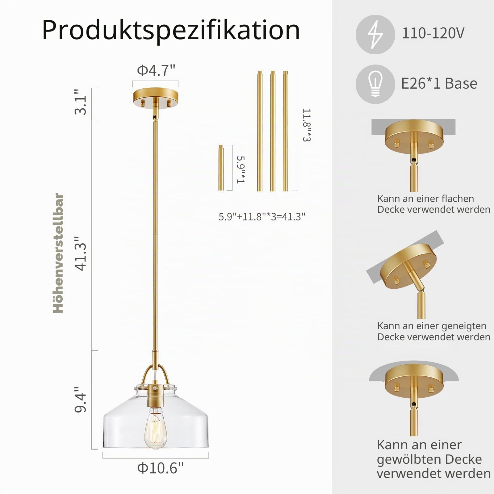 WUZUPS Kronleuchter Rustikale Bauernhaus Industrielle Runde Decke Pendel LED-Leuchte mit klaren Glasschirmen für Esszimmer Küche Insel Foyer Eingangsbereich, H24 W27, E27 Base, Gold