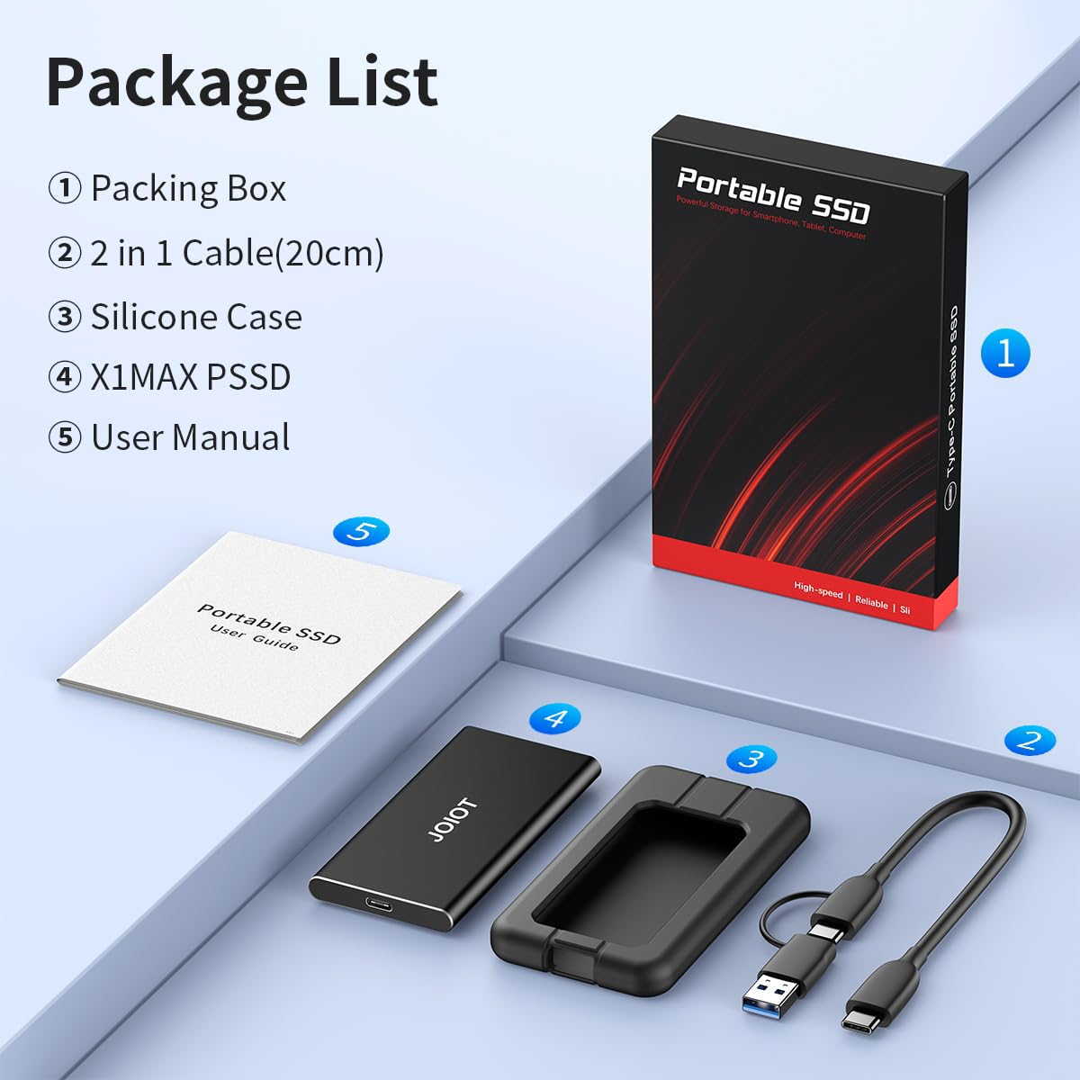 JOIOT 512GB SSD Esterno Portatile Portable SSD USB 3.2 Gen 2x2 Fino a 2000 MB/s Lettura 1700MB/s Scrittura Hard Disk Esterno USB C Stato Solido Esterne per MacBook Computer Laptop Nero