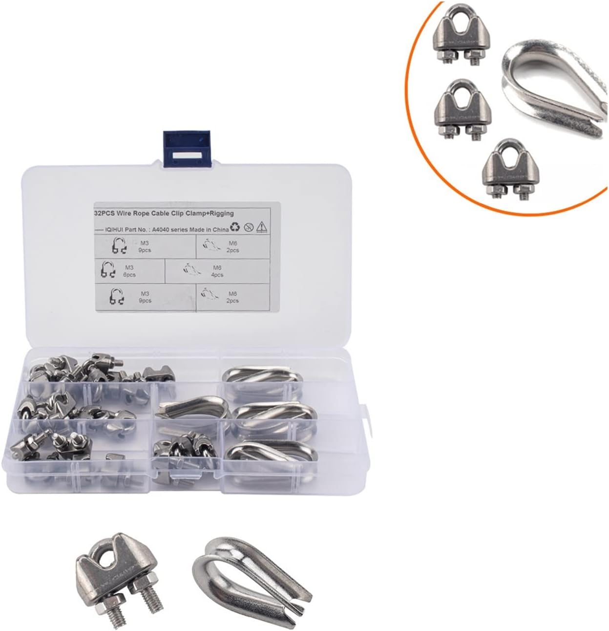 32 Boxes-M3 Stainless Steel 304 Steel Wire Rope Chuck with M6 Triangle Ring and Heart Ring